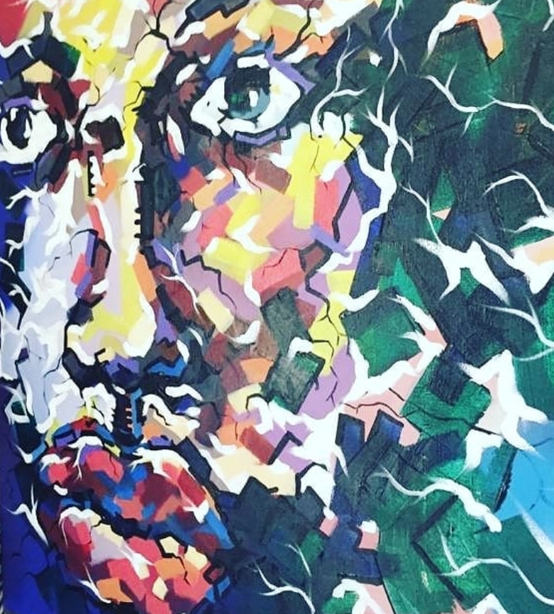 Close-up of a mosaic-style portrait painting by Kizito Nii Amarh Amartey