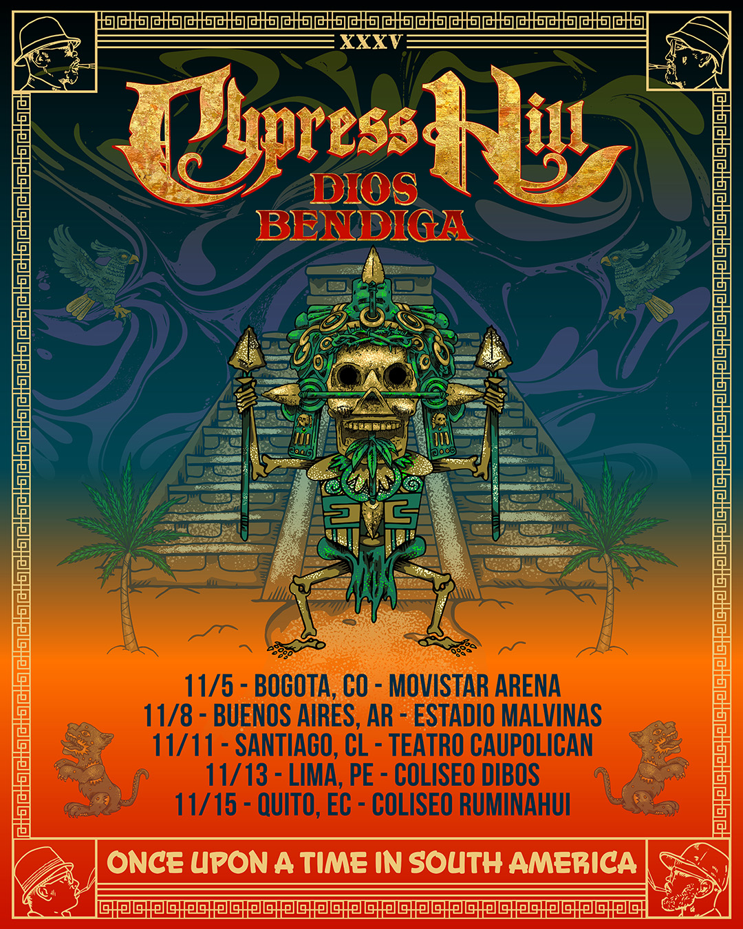 Official Cypress Hill Dios Bendiga — Once Upon a Time in South America tour flyer, featuring the Lima date on 13 November at Coliseo Dibos