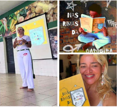 Lola presenting her book Nas Rimas da Capoeira — Ler, Rimar e Colorir in a school and community setting