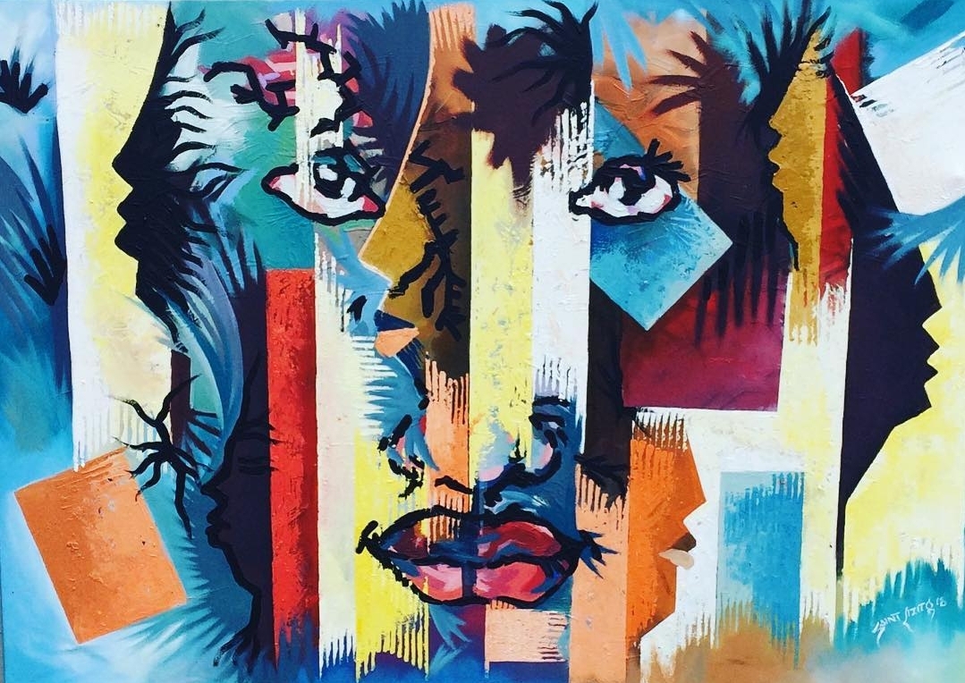Abstract multi-layered face painting in bold colour by Kizito Nii Amarh Amartey