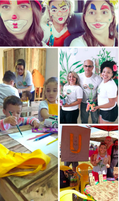 Lola leading arts workshops and clowning, craft and children's creative activities with community groups