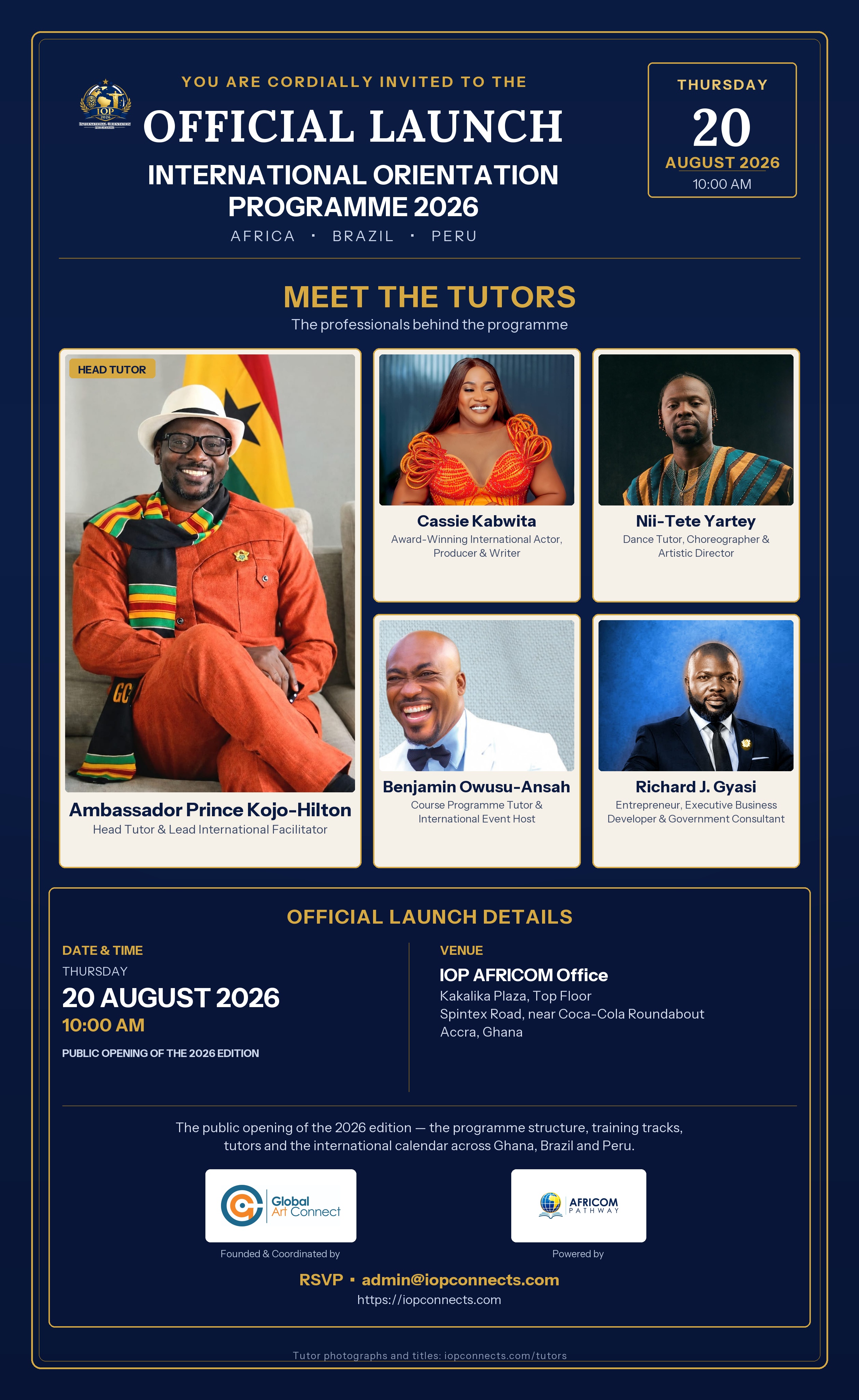Official IOP 2026 launch flyer — Meet the Tutors, Accra, 20 August 2026