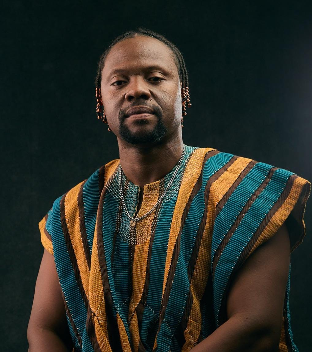 Nii-Tete Yartey, dance tutor and choreographer, in woven Ghanaian smock