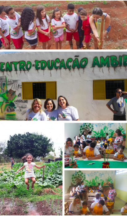 Environmental education work with schoolchildren at the Centro de Educação Ambiental, including gardens and classroom activities
