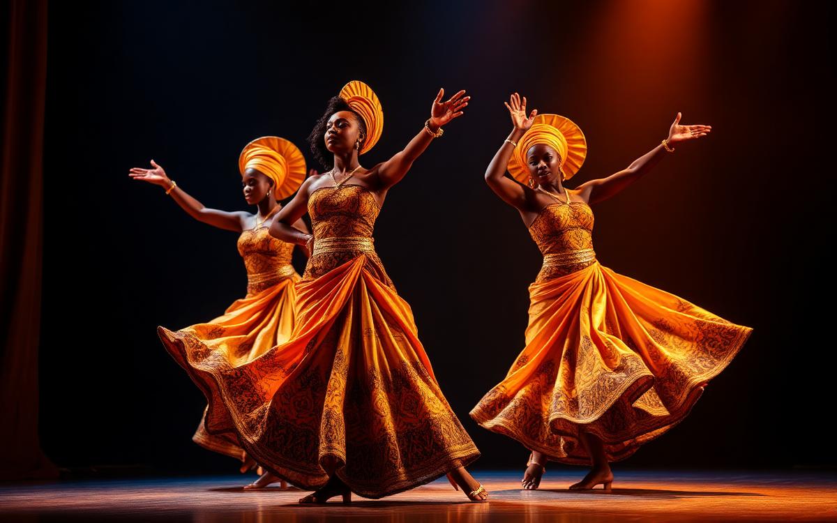African dancers in vibrant traditional costume performing a choreographed ensemble piece on stage