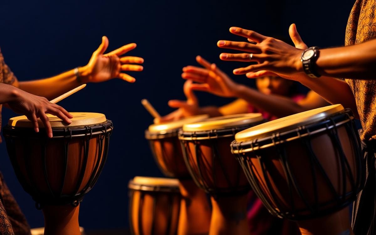 Hands of African drummers playing djembe and percussion instruments under warm golden stage lighting