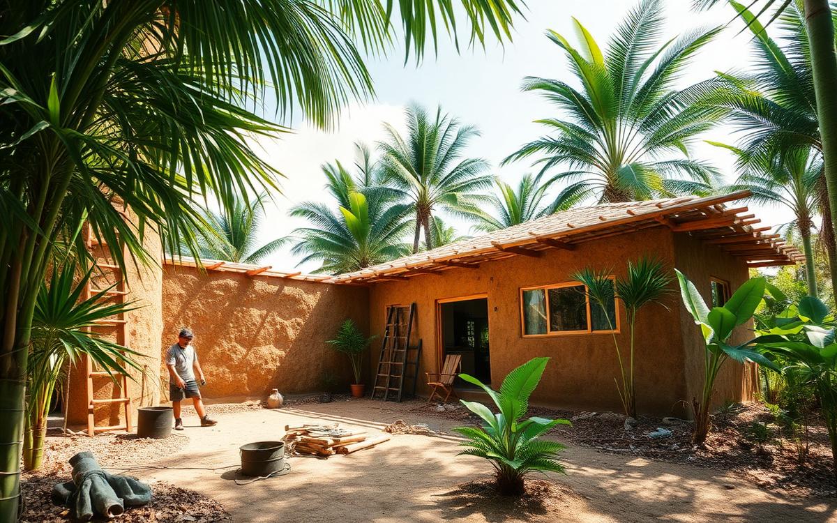 Builders constructing an ecological earth and bamboo house surrounded by tropical greenery
