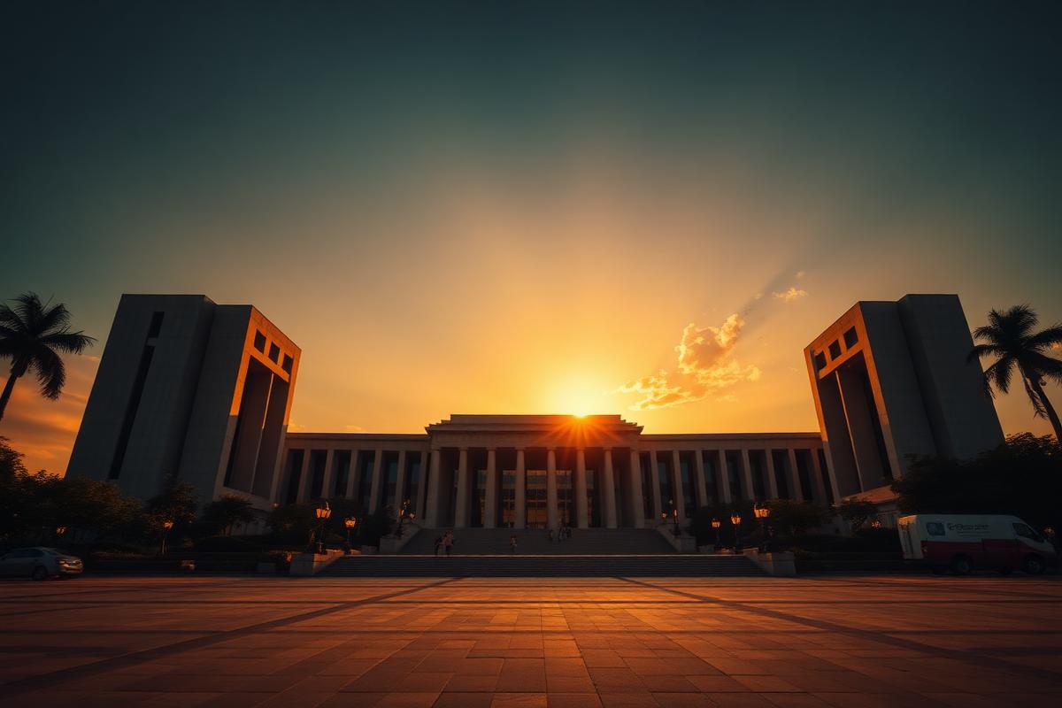 Modernist government architecture in Brasília at golden hour