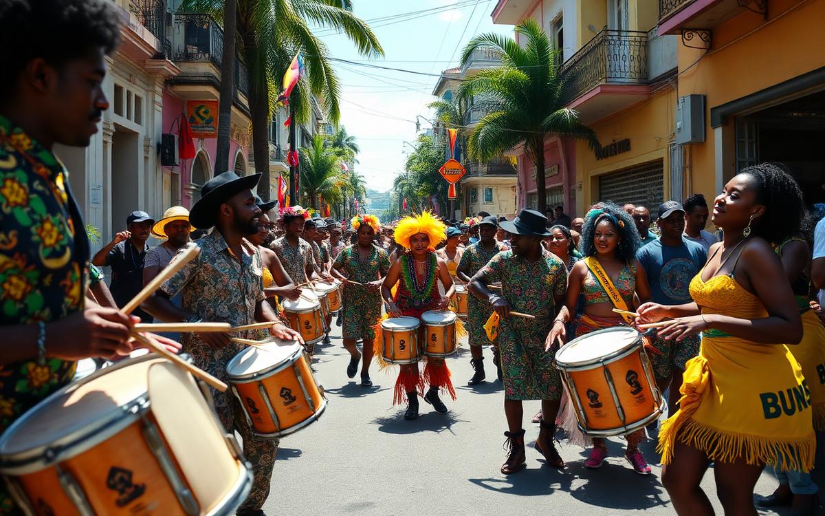 Afro-Brazilian samba drummers and dancers performing in a colourful Rio de Janeiro street