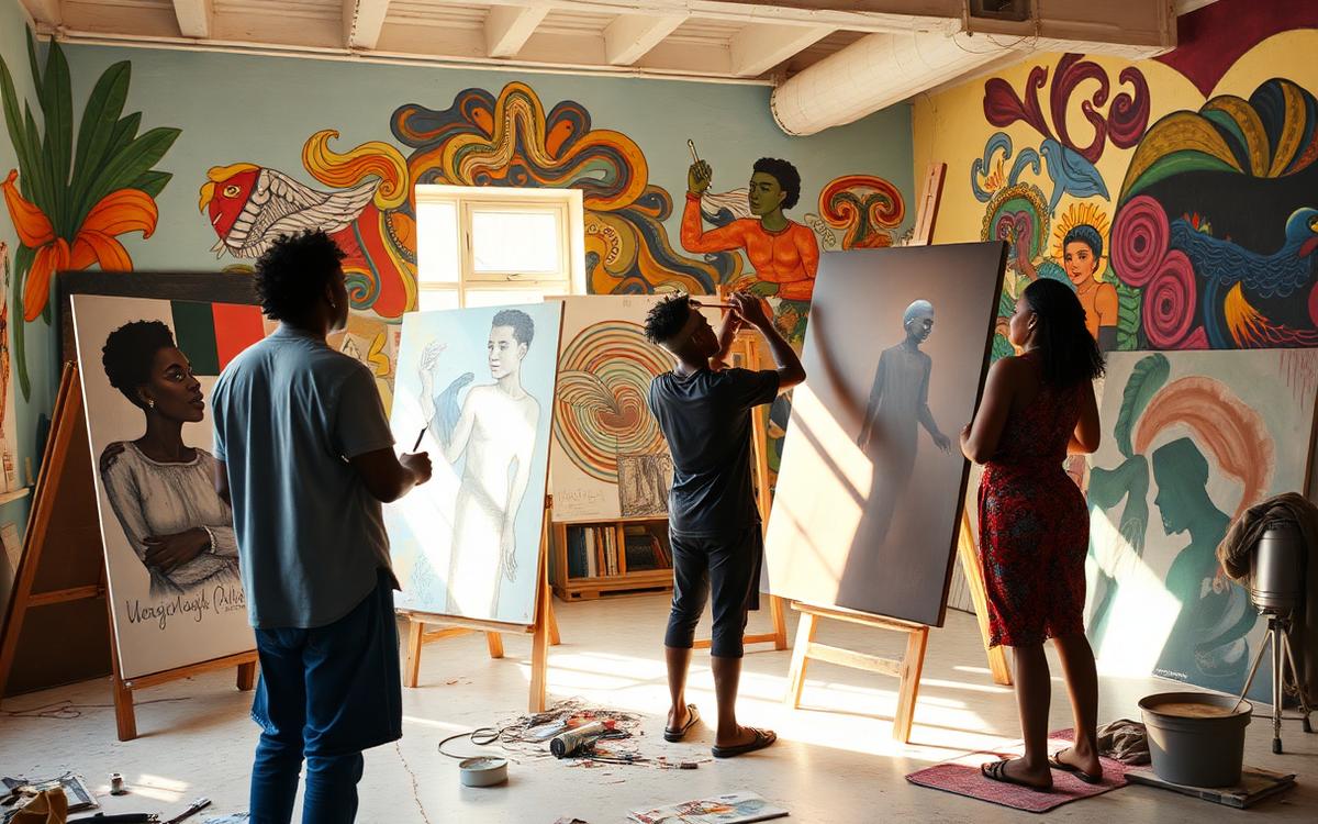 African and Brazilian artists painting large canvases in a mural-covered studio