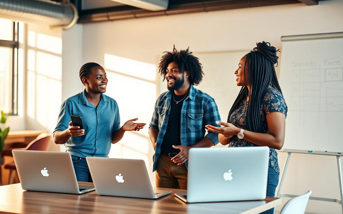 Young African entrepreneurs presenting a creative business pitch in a co-working space