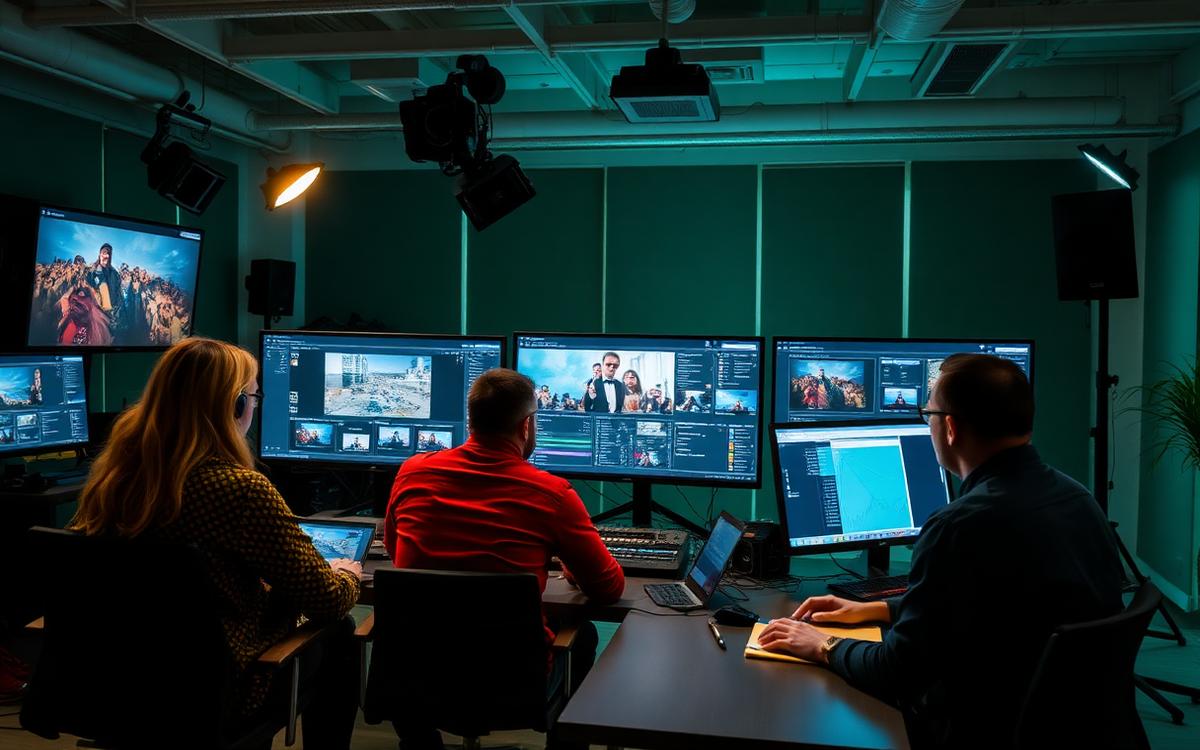 Creative team working across editing screens and data dashboards in a digital studio