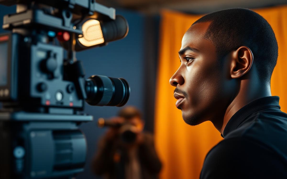 African actor performing an emotional close-up scene before a professional cinema camera on a Brazilian film set