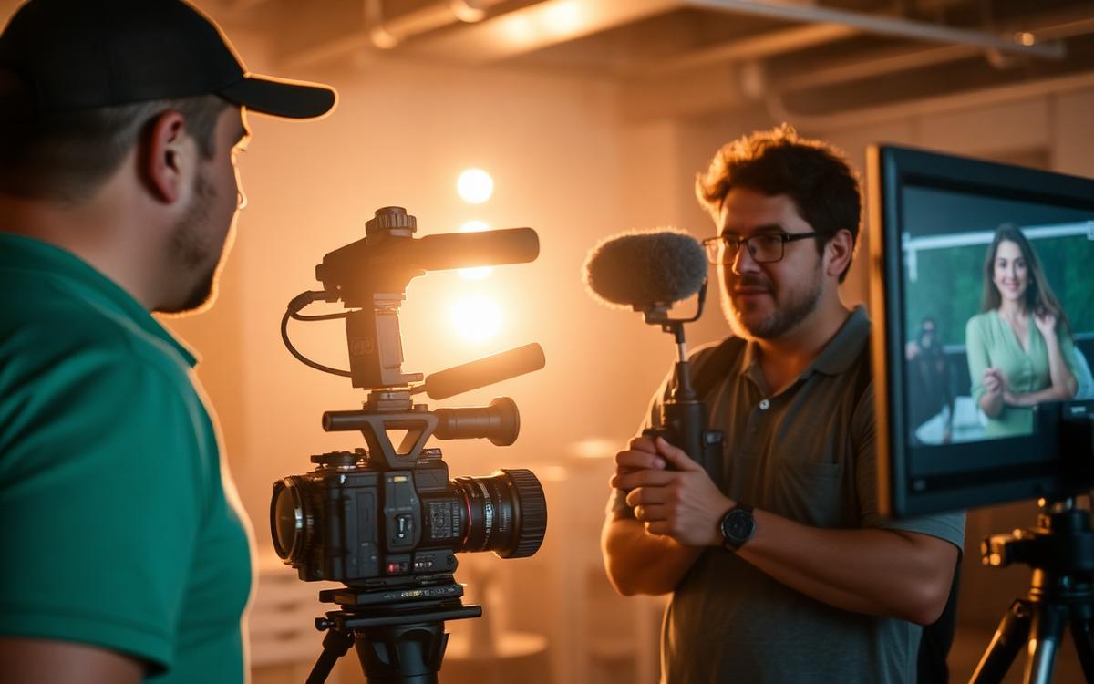 Film crew working with a cinema camera, boom microphone and monitor on set in Brazil