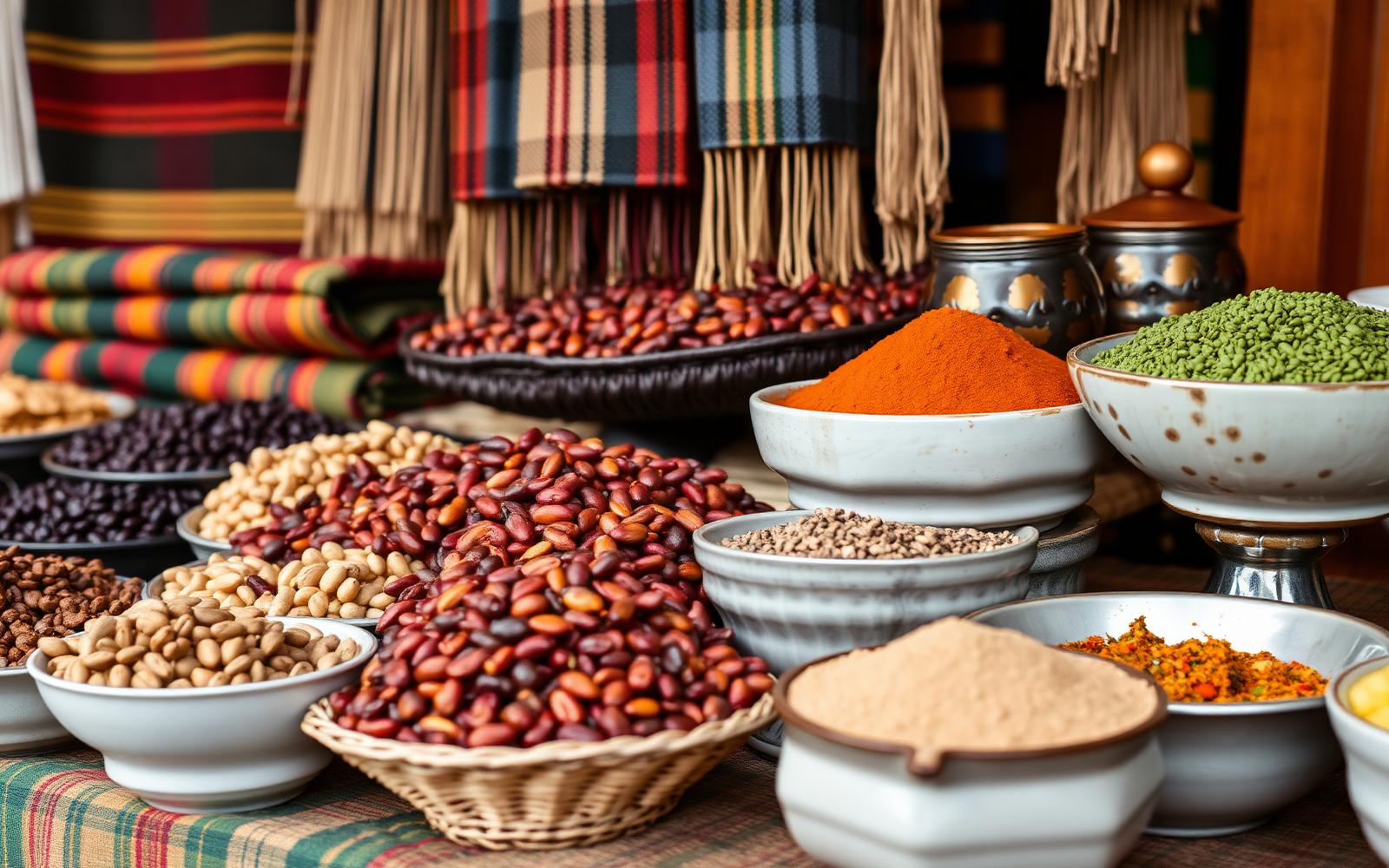 Brazilian produce, coffee, spices and artisan textiles displayed at an exhibition stand