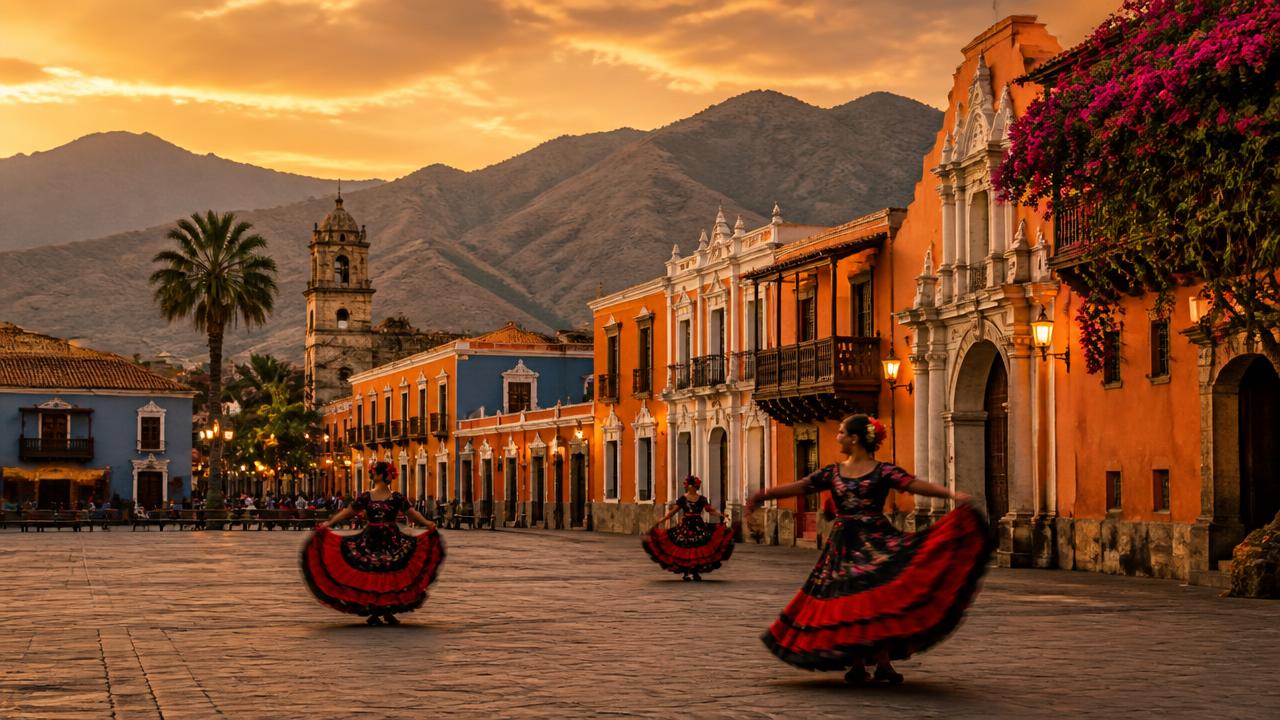 Traditional dancers in a colonial plaza in Trujillo, Peru at golden hour