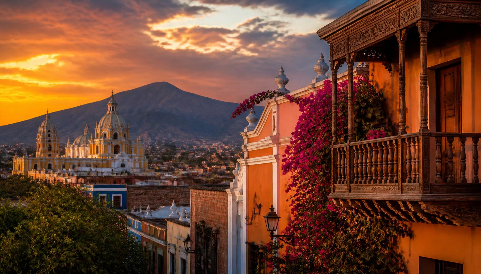 Colonial Peru at golden hour with bougainvillea and distant mountains