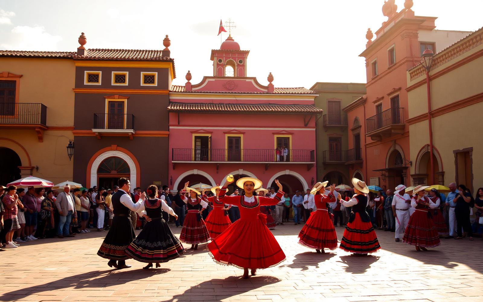 Traditional dancers performing in a colonial plaza in Trujillo, Peru