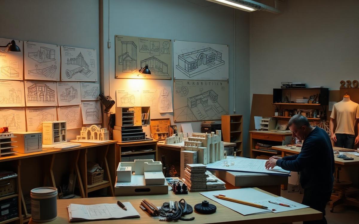 Production design workshop with scale set models, concept sketches and technical drawings