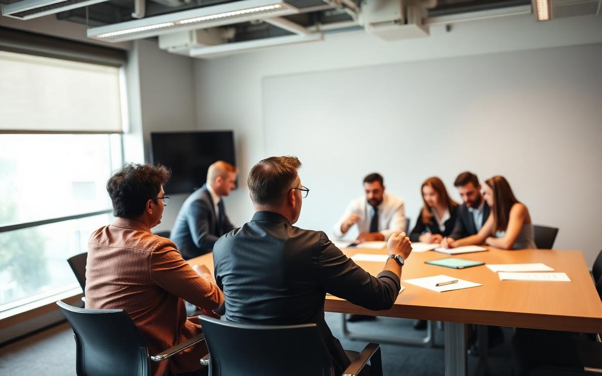 Professionals reviewing contracts and compliance documents in a modern meeting room