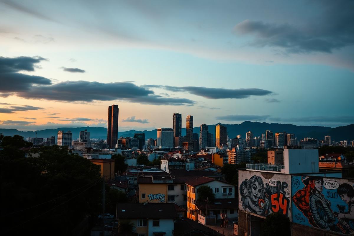 São Paulo skyline with street art at dusk